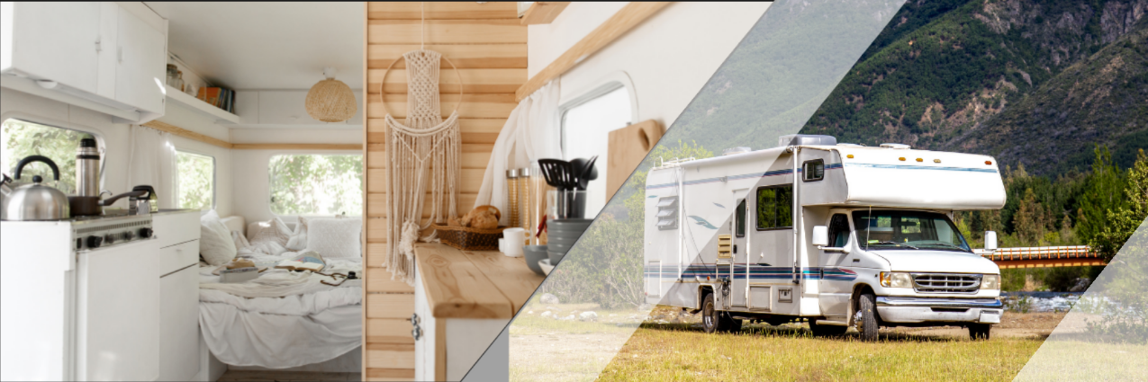 Collage of RV lifestyle showing a bright kitchen interior, wooden storage details, and a white RV parked outdoors near the mountains.